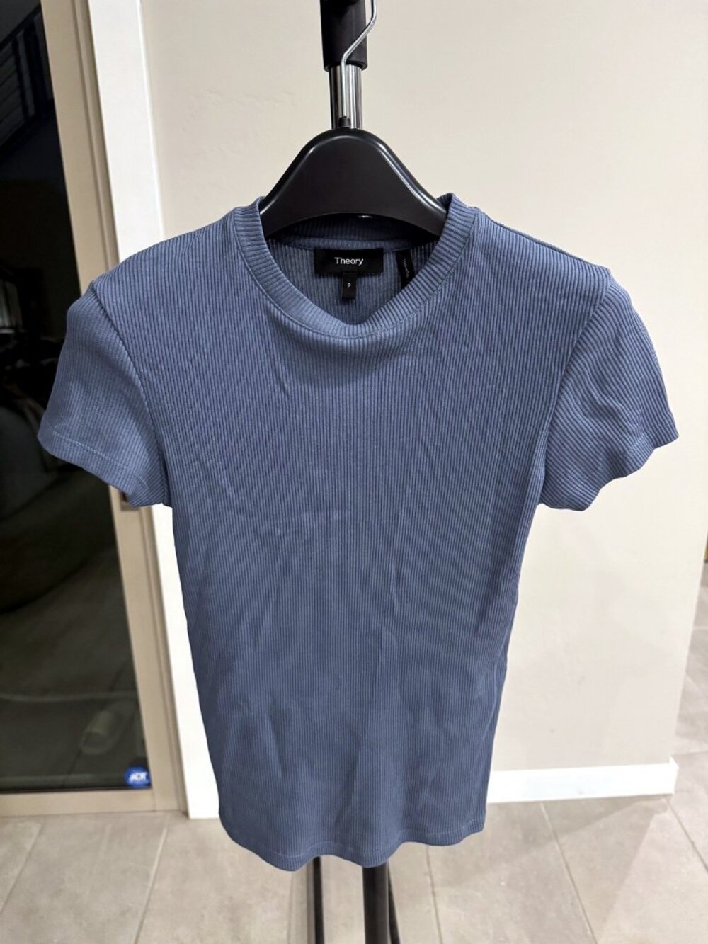 Theory Ribbed Short Sleeve Top Blue Size P
